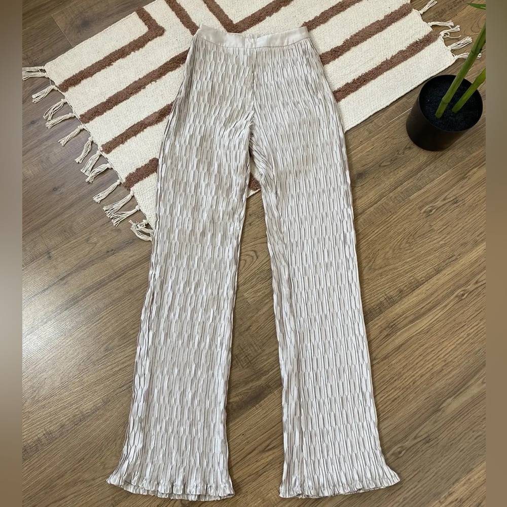 PLUS OATMEAL PLISSE WIDE LEG TROUSERS